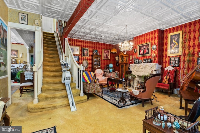 living room featuring a chandelier