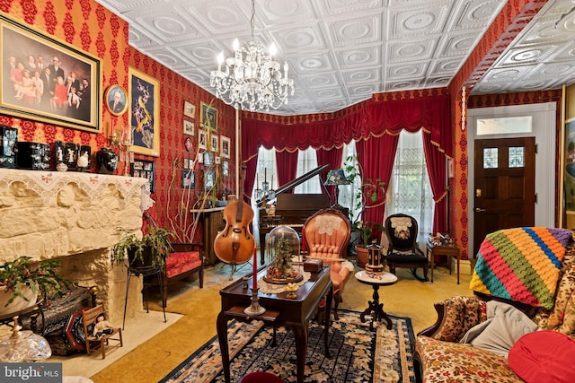 living area featuring a notable chandelier