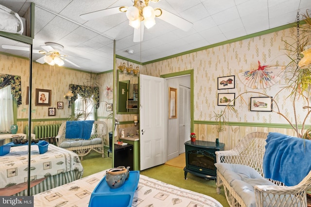 carpeted bedroom with a wood stove, ceiling fan, and a closet