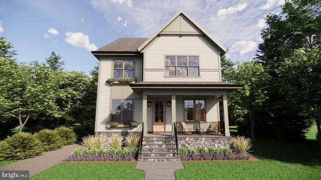 view of front of house with covered porch and a front lawn