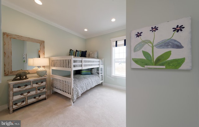 bedroom featuring carpet floors and ornamental molding