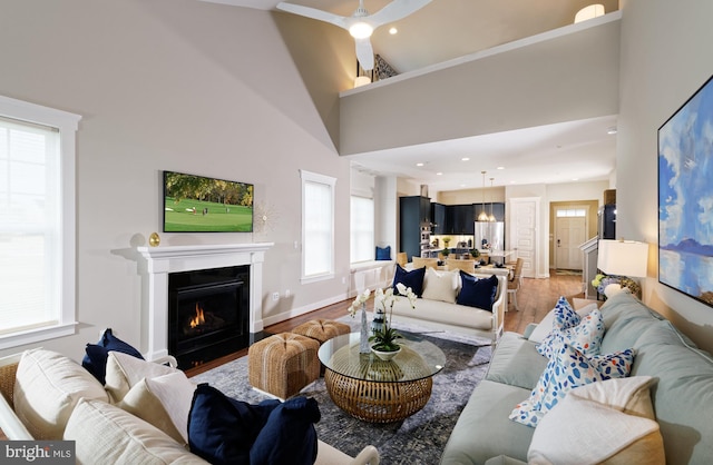 living room featuring ceiling fan, high vaulted ceiling, and wood-type flooring