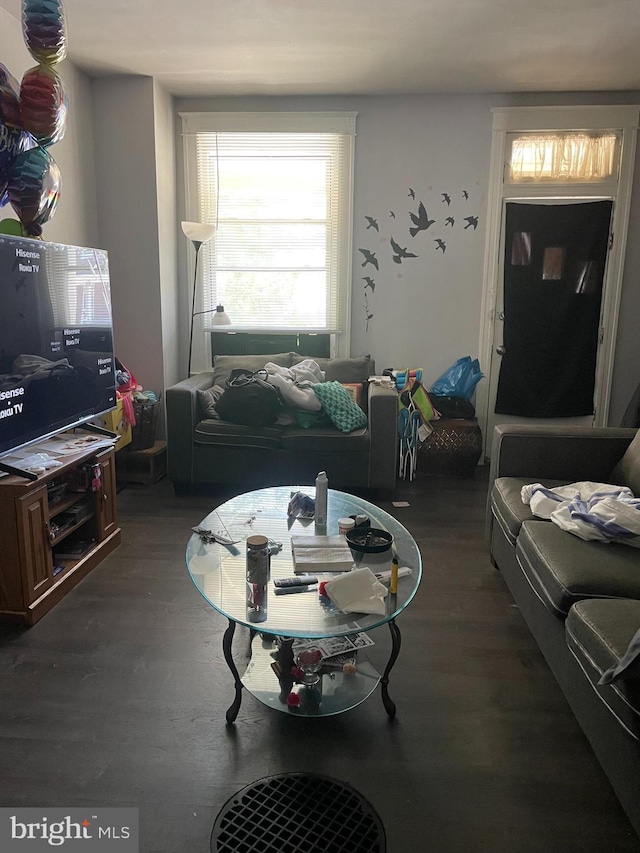 living room with dark hardwood / wood-style floors