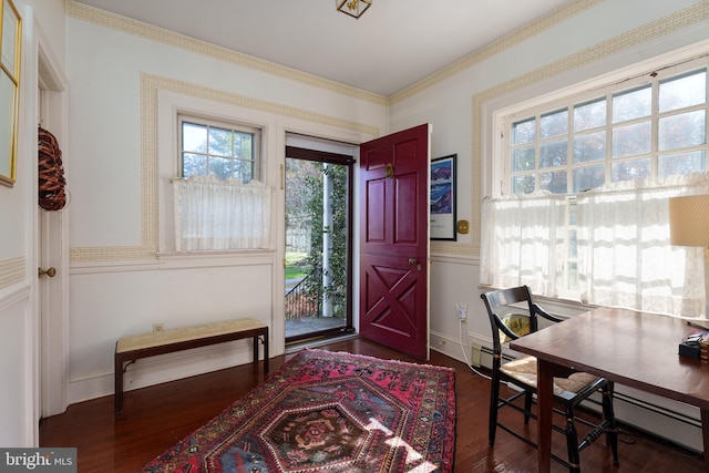 entryway featuring dark wood-type flooring, a baseboard radiator, and ornamental molding