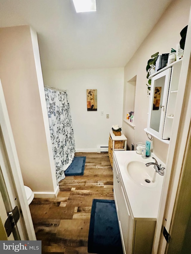 bathroom with wood-type flooring, vanity, a baseboard radiator, and toilet