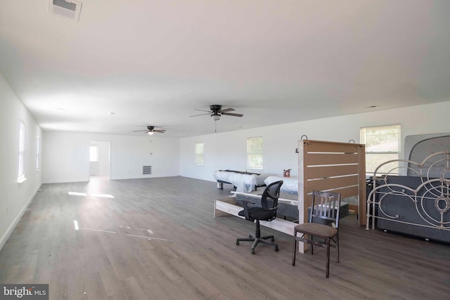 interior space with hardwood / wood-style floors and ceiling fan