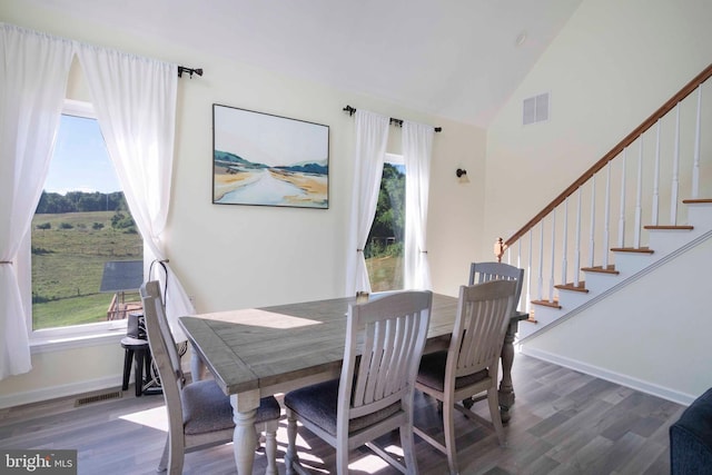 dining room with dark hardwood / wood-style floors, plenty of natural light, and lofted ceiling