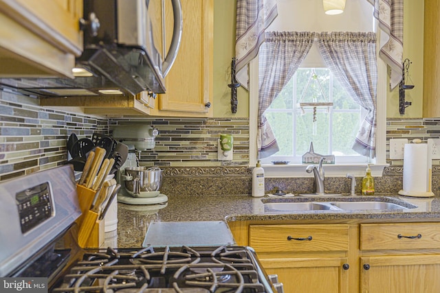 kitchen with tasteful backsplash, dark stone counters, and sink