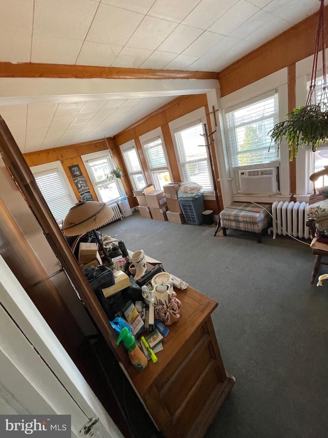 living room with cooling unit, carpet, radiator heating unit, and wooden walls