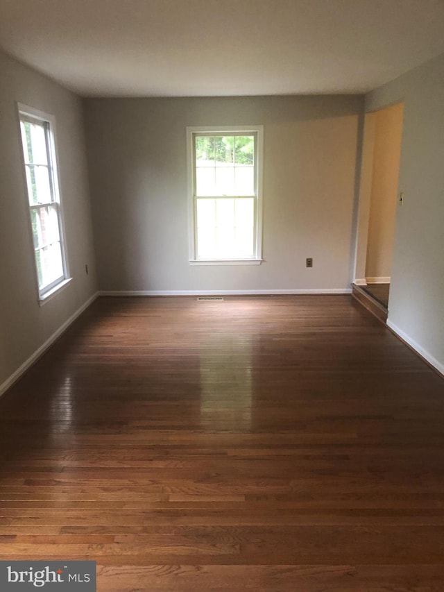 unfurnished room featuring a healthy amount of sunlight and dark wood-type flooring