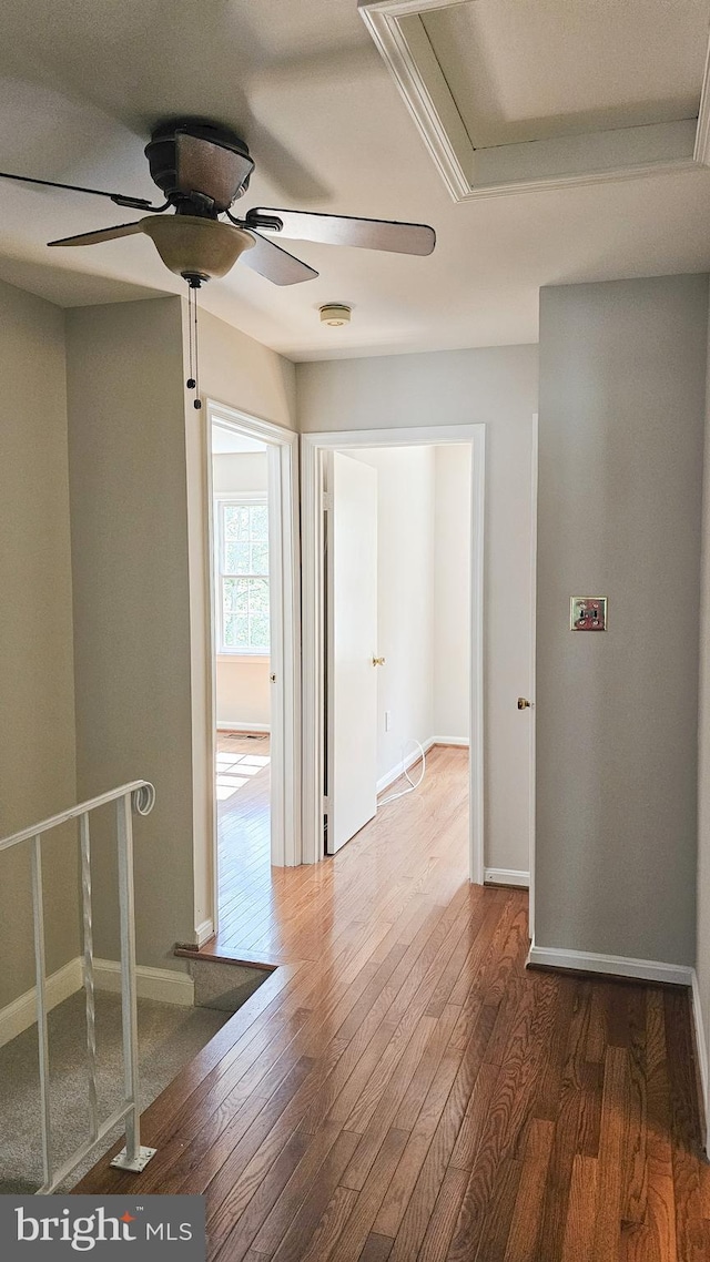 empty room featuring a raised ceiling, ceiling fan, crown molding, and wood-type flooring