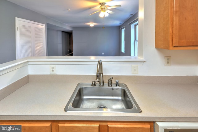 kitchen with ceiling fan, sink, and dishwashing machine