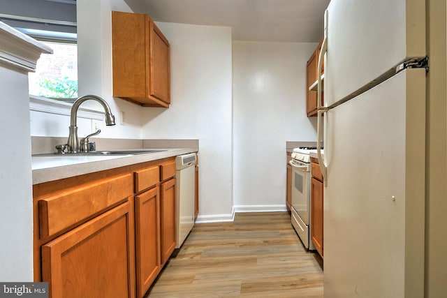 kitchen with light wood-type flooring, sink, and white appliances