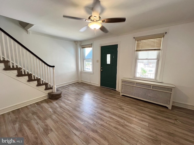 foyer entrance featuring radiator, ornamental molding, hardwood / wood-style floors, and ceiling fan