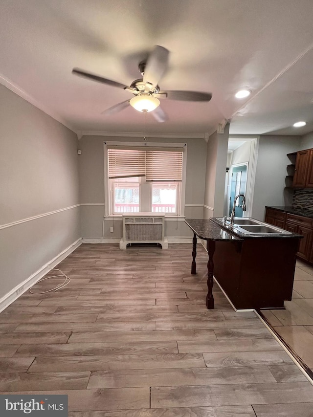 kitchen with ceiling fan, sink, hardwood / wood-style flooring, and ornamental molding