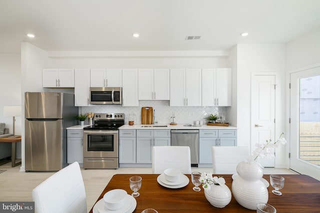 kitchen featuring decorative backsplash, white cabinetry, sink, and appliances with stainless steel finishes