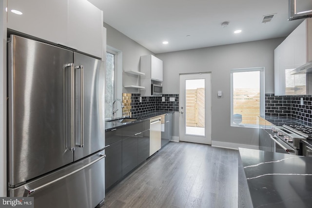 kitchen with tasteful backsplash, white cabinets, sink, high quality appliances, and dark hardwood / wood-style floors