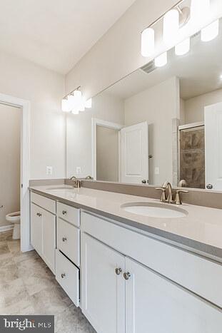 bathroom with vanity, toilet, and a shower with shower door