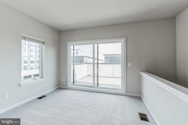 spare room featuring a wealth of natural light and light colored carpet