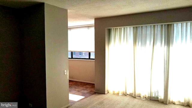 interior space with a textured ceiling and light carpet