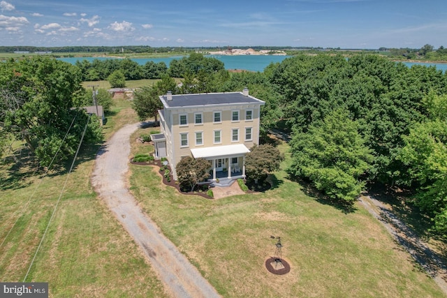 drone / aerial view with a water view