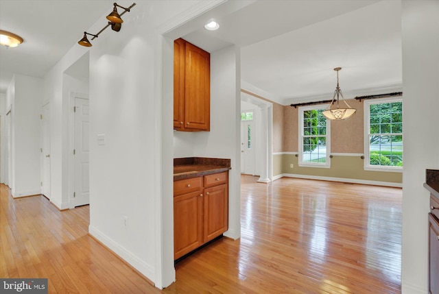 kitchen with light hardwood / wood-style flooring and decorative light fixtures