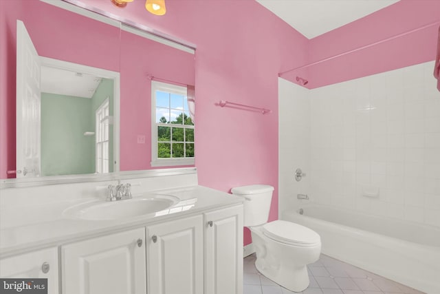 full bathroom featuring toilet, shower / bathing tub combination, tile patterned floors, and vanity