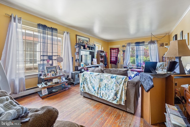 living room featuring hardwood / wood-style flooring and crown molding