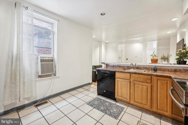 kitchen with light tile patterned flooring, cooling unit, sink, black dishwasher, and stove