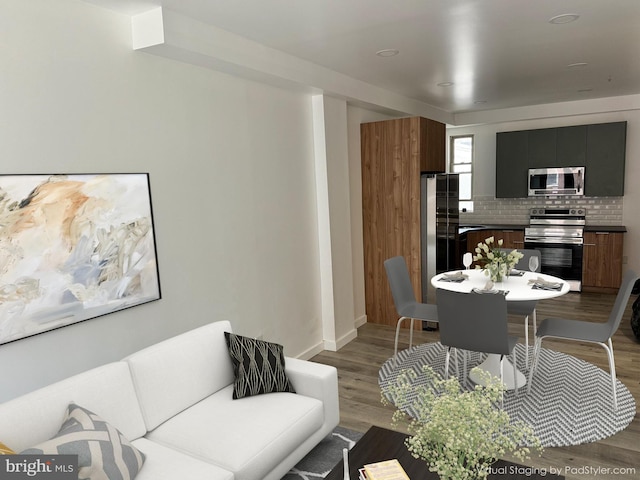 kitchen featuring backsplash, stainless steel appliances, and light hardwood / wood-style floors