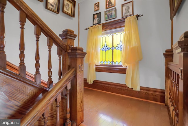 stairs with hardwood / wood-style flooring