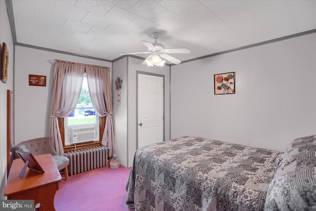 bedroom featuring ceiling fan, carpet, radiator, cooling unit, and ornamental molding