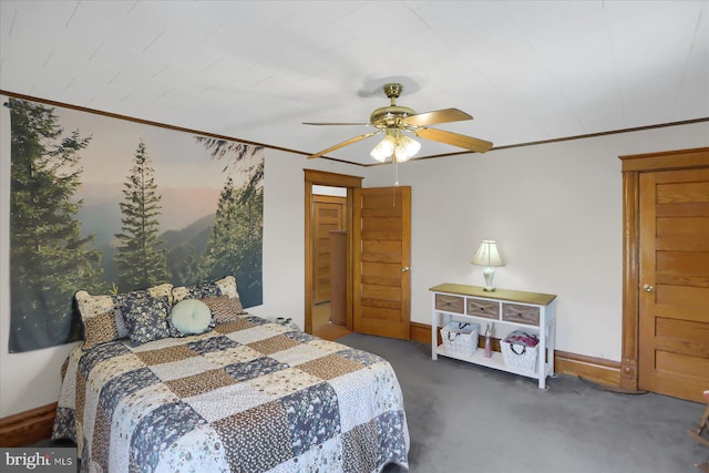 bedroom featuring dark carpet and ceiling fan