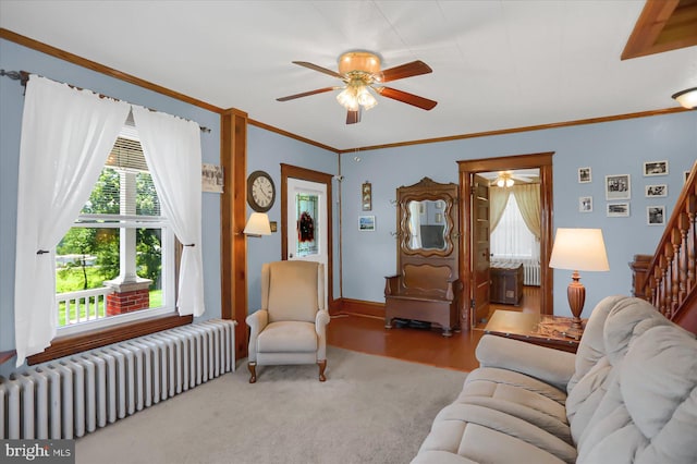 carpeted living room featuring radiator heating unit, ceiling fan, and ornamental molding