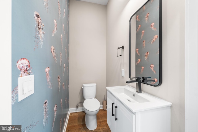 bathroom featuring vanity, toilet, and wood-type flooring