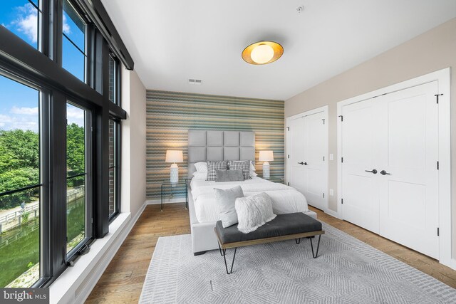 bedroom with hardwood / wood-style floors and two closets