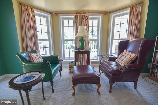 sitting room featuring light colored carpet