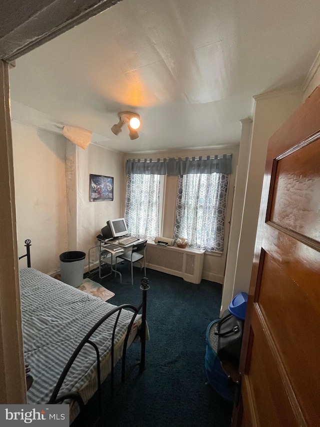 bedroom with carpet flooring and crown molding