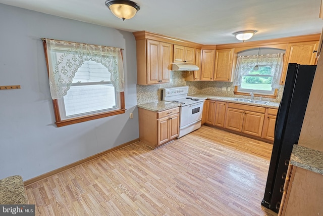 kitchen with black refrigerator, decorative backsplash, light wood-type flooring, sink, and white range with electric cooktop