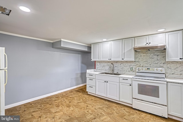 kitchen with decorative backsplash, sink, electric stove, white fridge, and white cabinetry