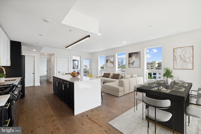 kitchen featuring a wealth of natural light, a center island, wood-type flooring, and appliances with stainless steel finishes