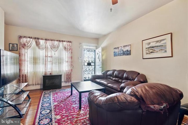 living room featuring hardwood / wood-style floors and ceiling fan