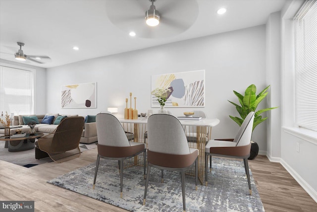 dining room with hardwood / wood-style flooring and ceiling fan