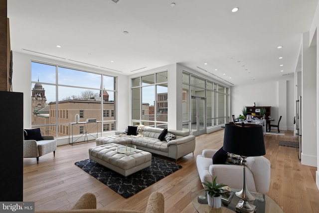 living room featuring light hardwood / wood-style floors and expansive windows