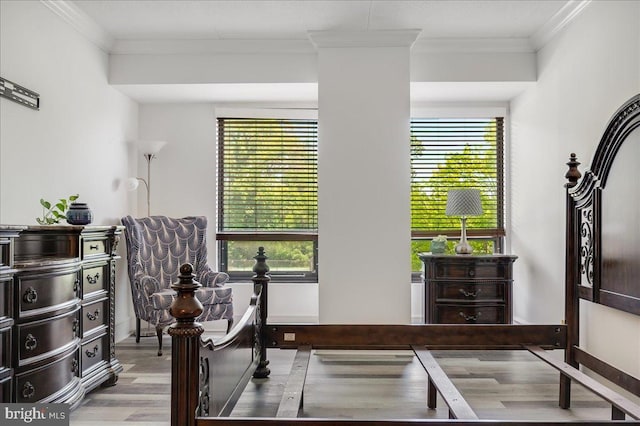 sitting room featuring crown molding and hardwood / wood-style flooring