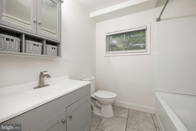 full bathroom with tile patterned floors, bathing tub / shower combination, vanity, and toilet