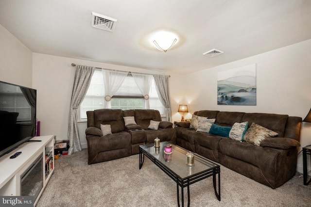 living room featuring light colored carpet