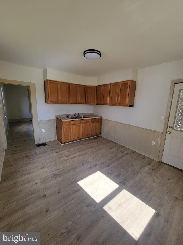 kitchen with light hardwood / wood-style flooring and sink