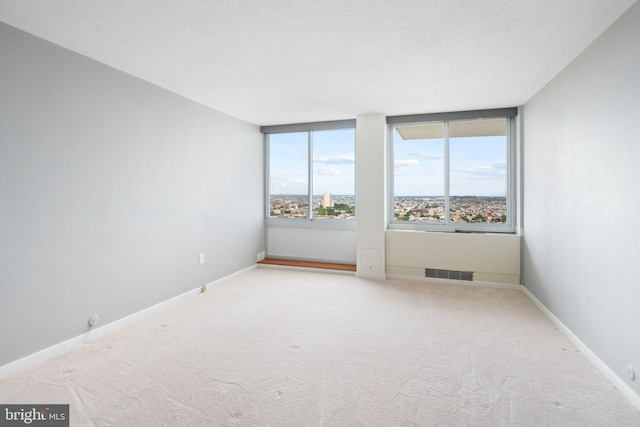 unfurnished room with a textured ceiling and light colored carpet