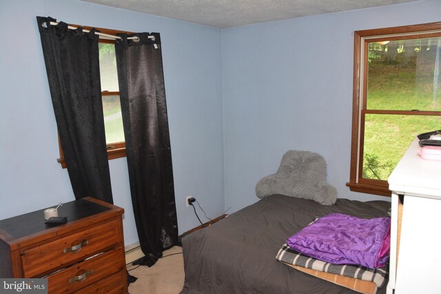 carpeted bedroom with a textured ceiling and a baseboard radiator